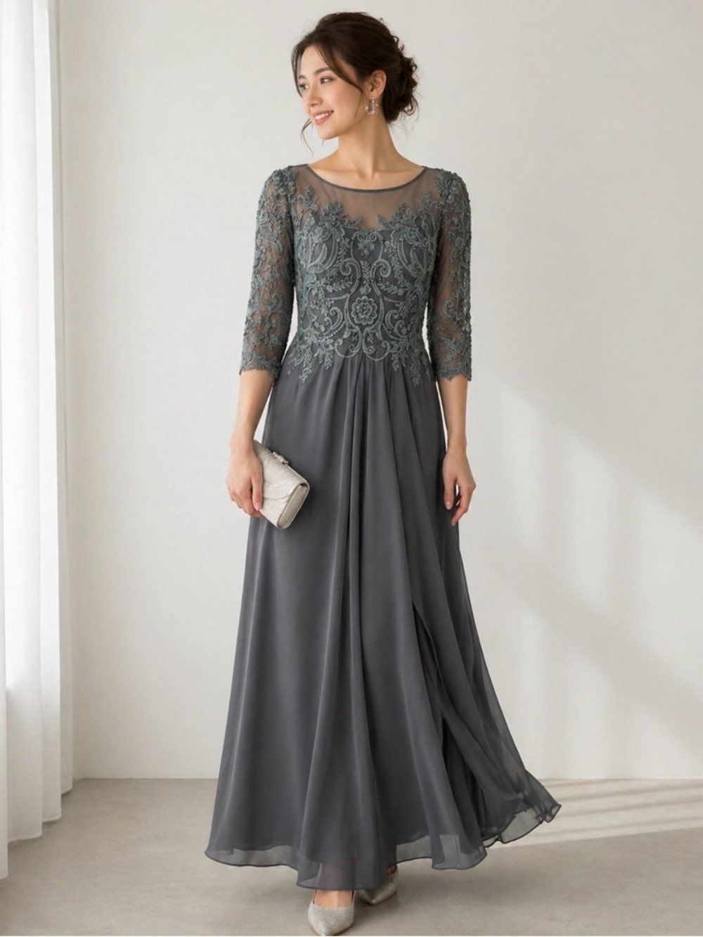 JJ’s House Embroidered Formal Dress Gown  12 Sheer Lace Bodice Wedding Classic